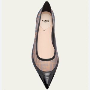 Fendi Black Trim Brown Monogram Mesh Pointed Ballet Flats